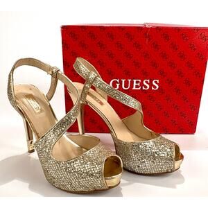 GUESS Hilariely Platform Sparkling Strappy Peep Toe Shiny Stiletto Shoes SZ 7.5